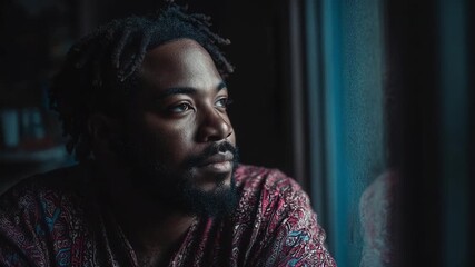 Portrait of a man with dreadlocks and a beard gazing out a window, bathed in cool blue light. - Powered by Adobe