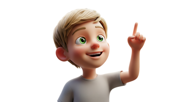 A cartoon boy pointing upwards isolated on transparent background with a big smile
