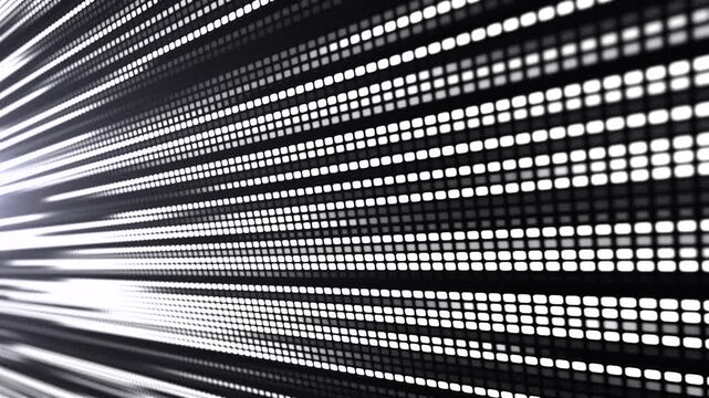 Animation of an LED or pixel panel, where bright stripes of black and white light create the effect of movement and energy. Depth and dynamic lines emphasize the technology and rhythm of the digital