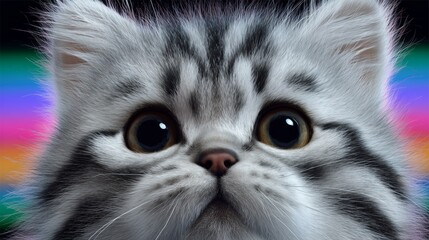 cute gray and white cat face cartoon with bright colorful lighting
