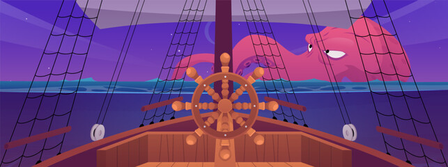 Sail wooden boat bridge helm with giant octopus monster with tentacles view, vector cartoon pirate ship sailing in sea © sabelskaya