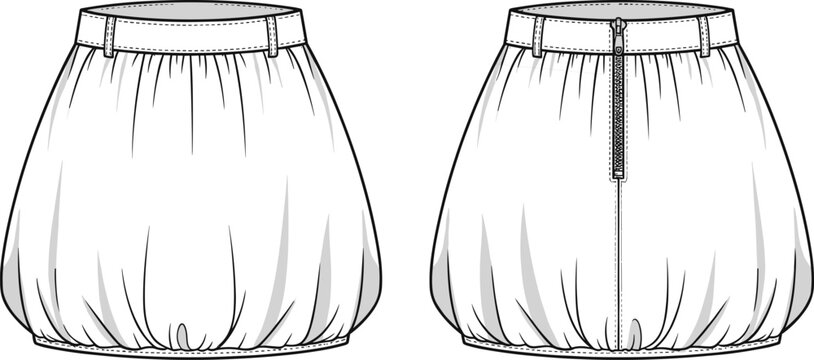 Balloon skirt flat sketch, women’s fashion technical drawing, front and back view, gathered hem, voluminous silhouette, garment construction illustration