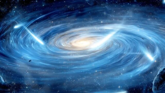 Abstract illustration of a spiral galaxy with vibrant colors and celestial objects