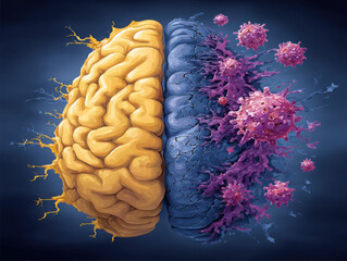 Illustration showing healthy brain hemisphere vs Alzheimer’s disease-affected hemisphere with visible changes and effects on brain structure