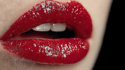 Obraz premium A zoom-in photo of a woman's lips with glossy red lipstick on them against a black backdrop