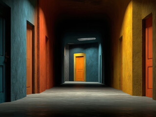 Exploring the uncertain journey of Alzheimer's disease through a dim corridor filled with colorful doors leading into darkness