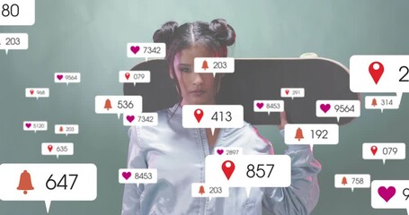 Female marketer lifting skateboard causing social media icons swirling showing engagement boost - Powered by Adobe