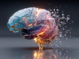 Digital visualization of a brain representing the effects of Alzheimer's disease with a shattered appearance, emphasizing the severe impact on mental health and cognition