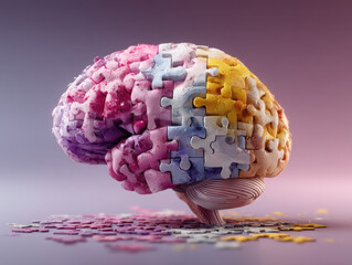 Representation of Alzheimer's disease through a brain made of puzzle pieces with missing parts, illustrating loss and memory challenges