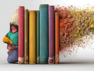 Metaphor of an Alzheimer's brain represented as a fading library with colorful books and a face