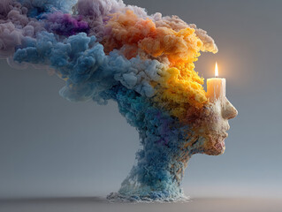 Metaphor for the slow decline of mental clarity in Alzheimer's disease illustrated through a candle flame within a human head made of colorful smoke