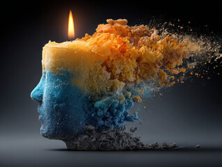 Symbolic representation of Alzheimer's disease depicted as a candle burning inside a human head, highlighting the slow decline of memory and identity