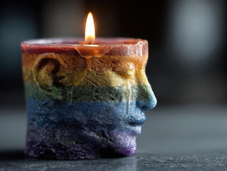 Burning candle in the shape of a human head symbolizes the slow decline of memory and identity in Alzheimer's disease
