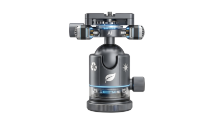 Futuristic tripod head showcasing advanced ai technology and sustainable design elements on a sleek for innovative photography