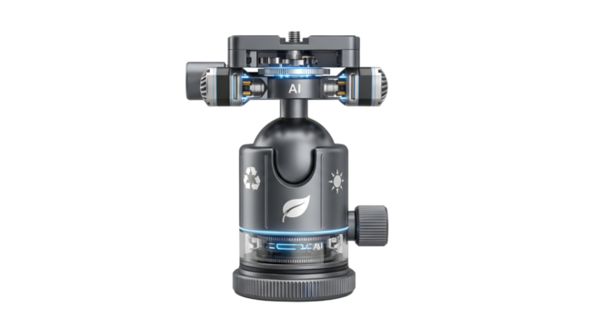 Futuristic tripod head showcasing advanced ai technology and sustainable design elements on a sleek for innovative photography