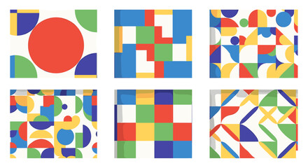 Vibrant geometric patterns showcasing modern abstract design with bold primary colors, perfect for graphic backgrounds and creative projects.