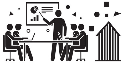 Business meeting with a presenter explaining charts and graphs on a whiteboard to a seated audience in a modern office setting