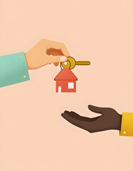 Home ownership concept: hand giving house key to another person