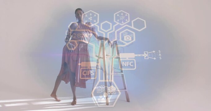 Model stepping beside ladder initiating CIFS, NFC, SAS icons forming tech network, walking glancing