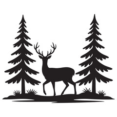 Silhouette of a majestic deer with antlers standing gracefully amidst a forest of evergreen trees