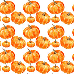 Orange pumpkins seamless watercolor pattern, autumn, fall, Thanksgiving, Halloween, backdrop, wallpaper, surface design, colorful and vibrant, botanical, hand painted PNG with transparent background 