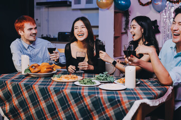 Diversity, dinner and group of people toast celebration together at party. Friends, happy and celebrate with food, wine and friendship for love, support and cheers champagne at business function