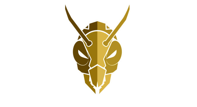 A stylized golden ant head logo with sharp angles and glowing eyes on a white background.