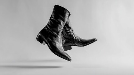  A monochrome picture of two boots soaring through the air, with their feet raised high