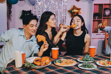 Diversity, dinner and group of people toast celebration together at party. Friends, happy and celebrate with food, wine and friendship for love, support and cheers champagne at business function