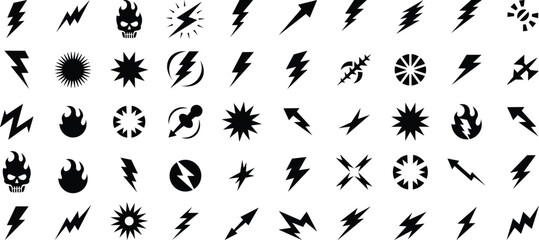 Reckless symbol icon set in black and white, aggressive chaotic abstract vector collection with speed, danger, and rebellion themes, clean minimal sharp silhouette icons
