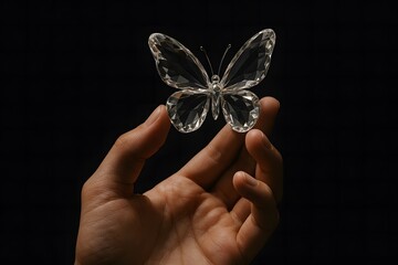 Artistic macro photograph of a human hand holding a crystal butterfly, symbolizing fragility and beauty. Ideal for luxury, jewelry, mindfulness, and premium brand visuals.