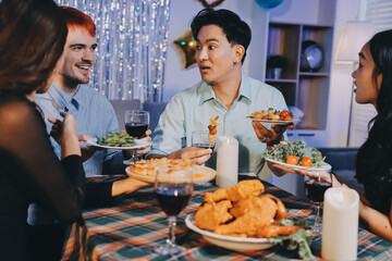 Diversity, dinner and group of people toast celebration together at party. Friends, happy and celebrate with food, wine and friendship for love, support and cheers champagne at business function