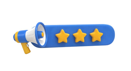 3D megaphone with three yellow stars on blue banner isolated on white background