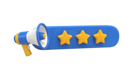 3D megaphone with three yellow stars on blue banner isolated on white background