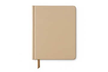 Beige hardcover notebook with bookmark on transparent background