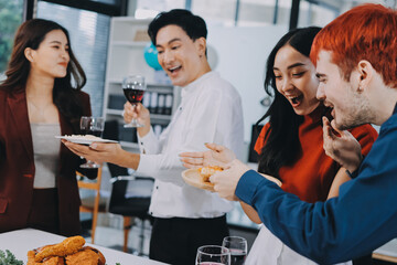 Diversity, dinner and group of people toast celebration together at party. Friends, happy and celebrate with food, wine and friendship for love, support and cheers champagne at business function