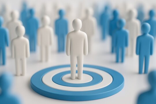 Target Audience: A solitary figure stands confidently at the center of a target, encircled by a sea of similar figures, symbolizing a focused approach to reaching the ideal customer or demographic.