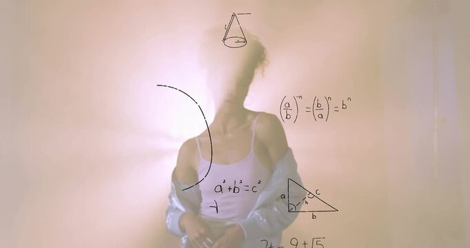 woman stepping into pink haze activating glass board materializing math diagrams teaching math