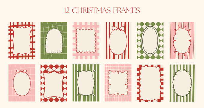 Collection of 12 festive Christmas frames in red, green, and pink colors. Hand drawn geometric borders with bows and stripes, perfect for holiday cards and invitations