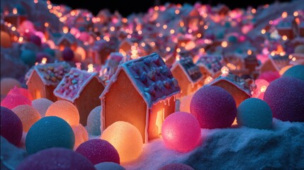 Close-up of a group of small gingerbread houses with colorful lights on top. the houses are arranged in a grid-like pattern, with some overlapping each other.