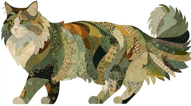   A cat crafted from various quilt fabrics adorns its back and sides, as shown in this photo