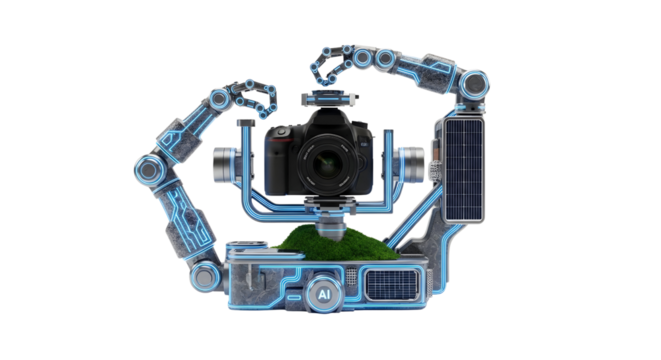 Robotic arms holding a camera with solar panel and ai indicator symbolizing future technology and automated photography