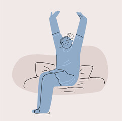 Morning routine concept. Abstract woman stretching in bed after a refresing sleep.  Hand drawn vector illustration