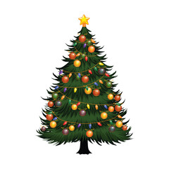 A beautifully decorated evergreen christmas tree adorned with colorful ornaments and twinkling lights on a white background