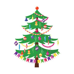 A beautifully decorated evergreen christmas tree adorned with colorful ornaments baubles garlands and festive lights on a white background