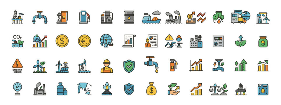 Public utilities and infrastructure colored icon set &mdash; water, gas, energy, finance, and ecology