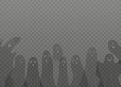 Scary ghost shadows vector background, cartoon spooky phantom silhouettes, dead soul, Halloween monster specters flying