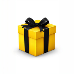 Elegant yellow gift box with black ribbon bow isolated