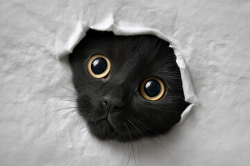 Curious black cat peeking through torn white paper
