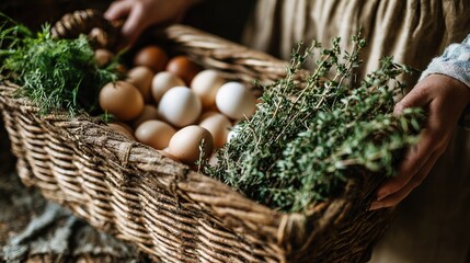   A person holding a wicker basket filled with eggs and greenery next to a pile of eggs